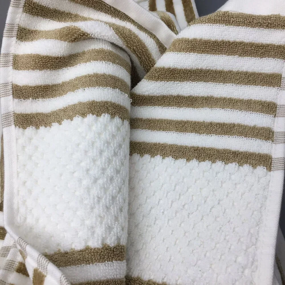 4pc Caro Gold Stripes 2 Bath 2 Hand Towel Set Luxury Velour Soft Cream Cotton